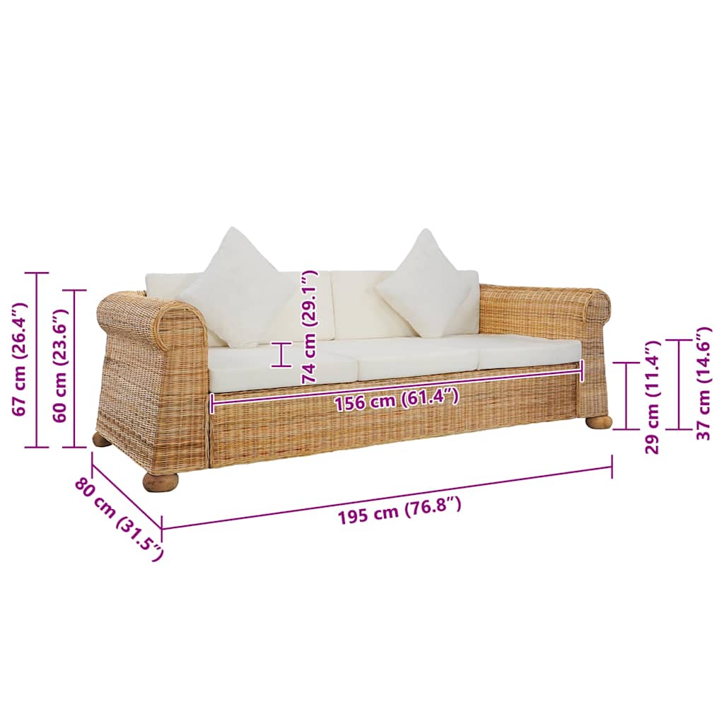 Canapé à 3 places avec coussins Rotin naturel