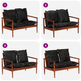 Canapé 2 places noir cuir véritable et bois d'acacia solide