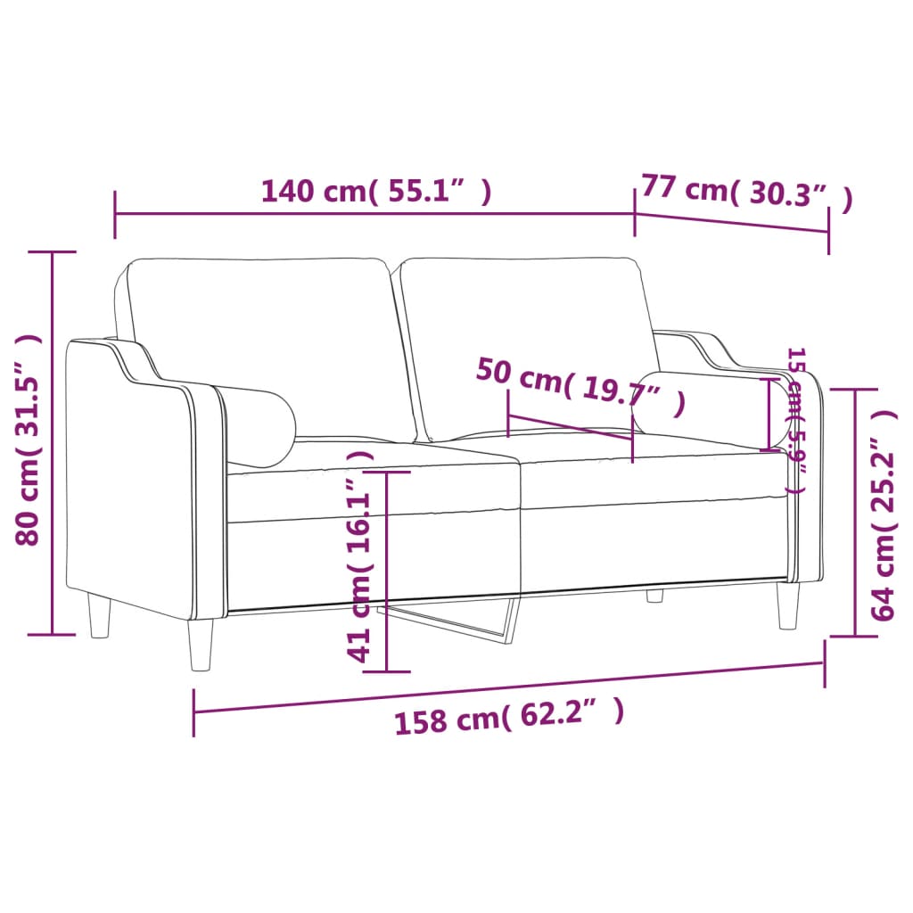 Canapé 2 places avec oreillers décoratifs noir 140 cm tissu