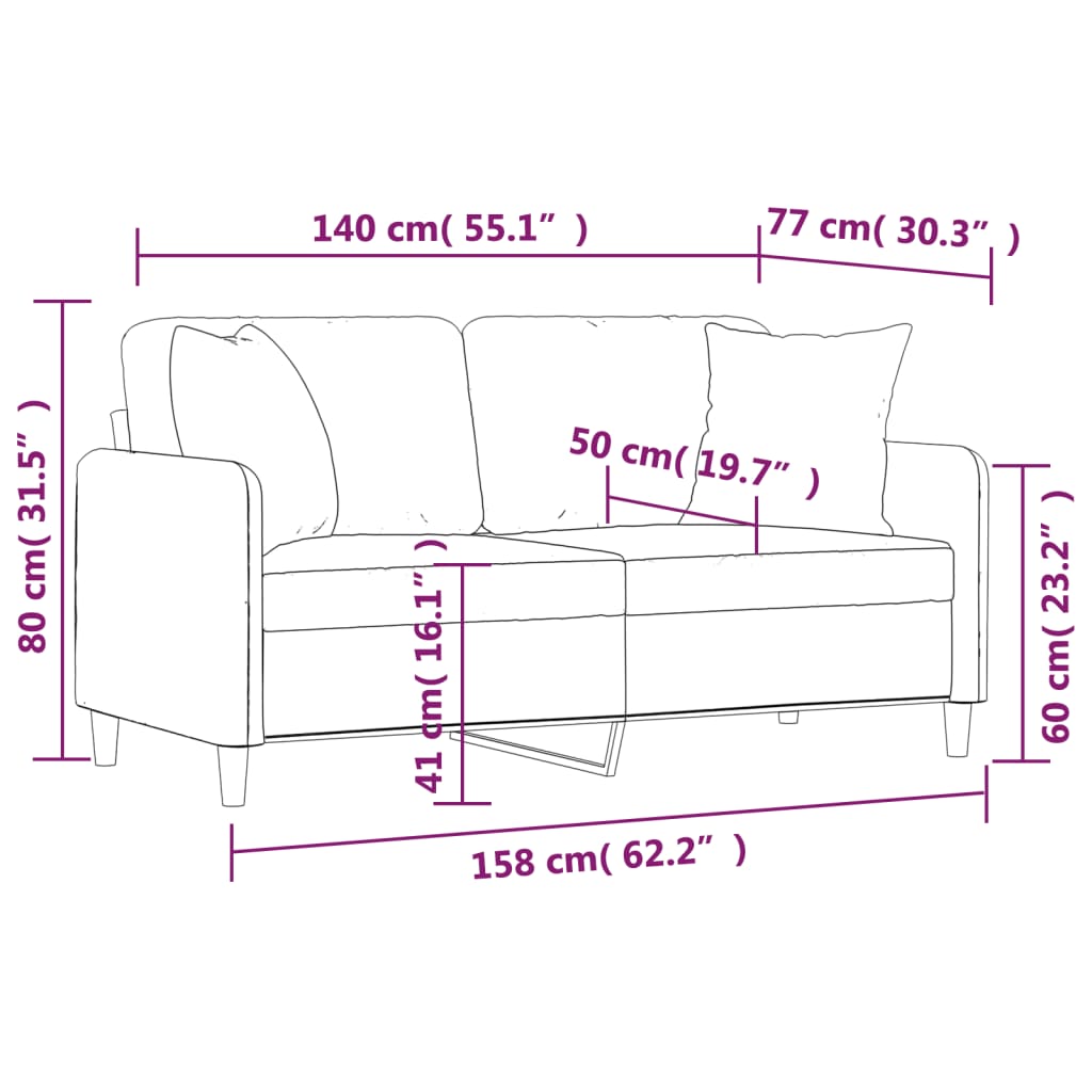 Canapé 2 places avec oreillers décoratifs marron 140 cm tissu