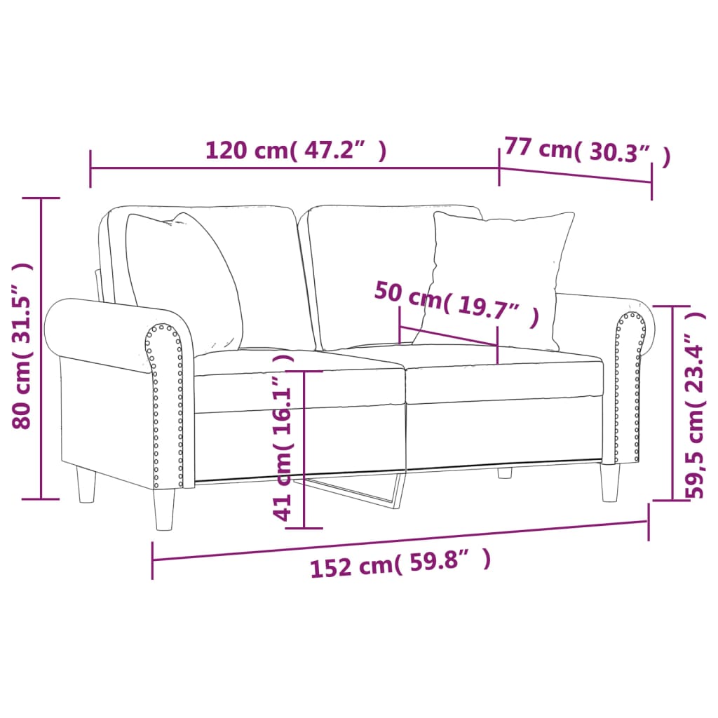 Canapé 2 places avec oreillers décoratifs rose 120 cm velours