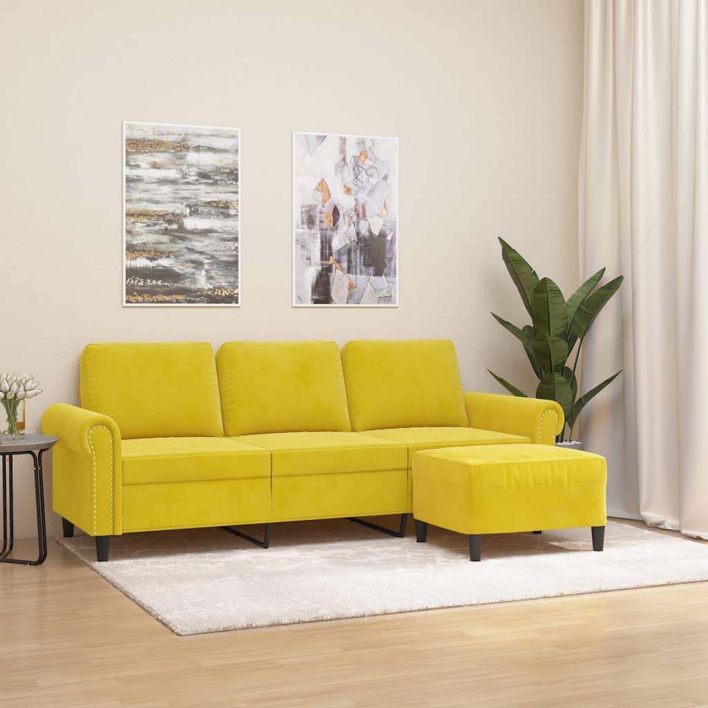 Canapé à 3 places avec repose-pieds jaune 180 cm velours