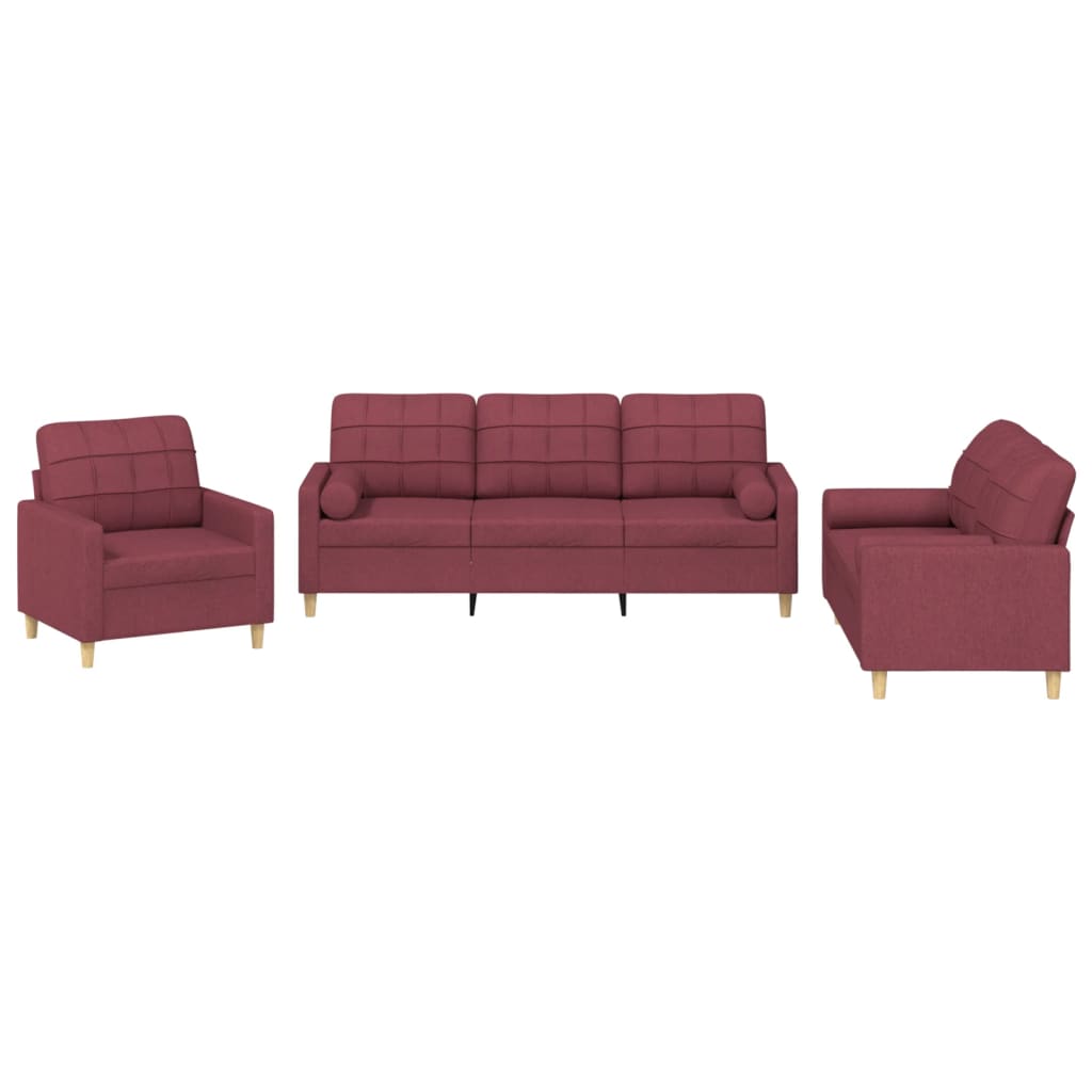 Ensemble de canapés 3 pcs avec coussins rouge bordeaux tissu