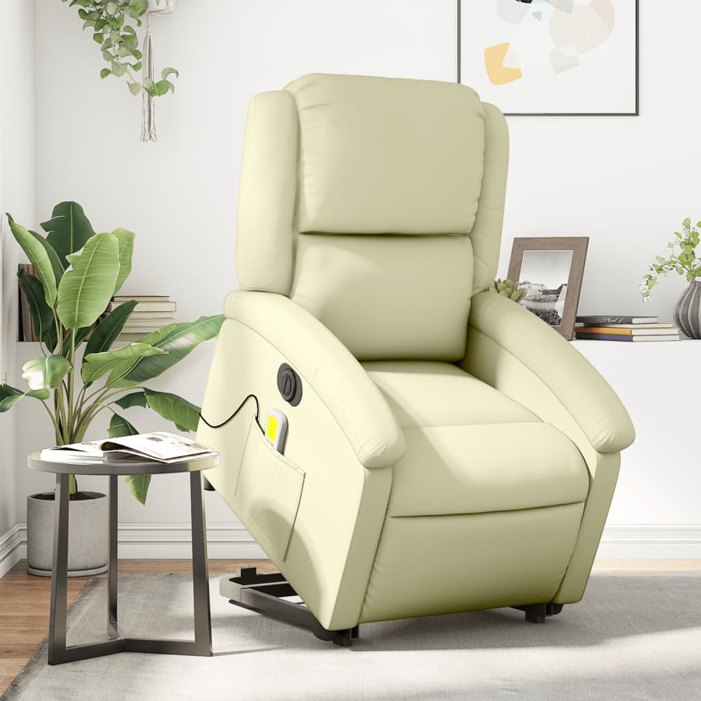 Fauteuil inclinable de massage électrique crème cuir véritable