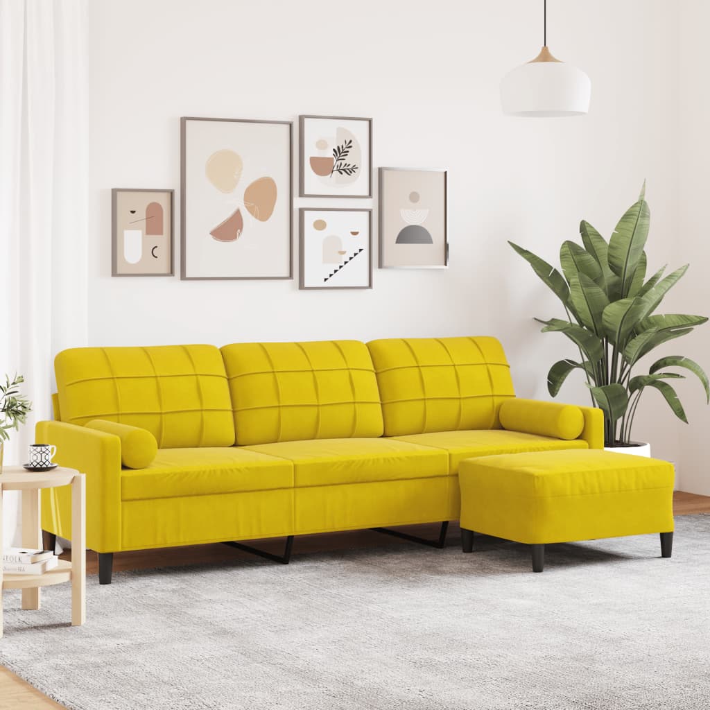Canapé à 3 places avec repose-pied jaune 210 cm velours