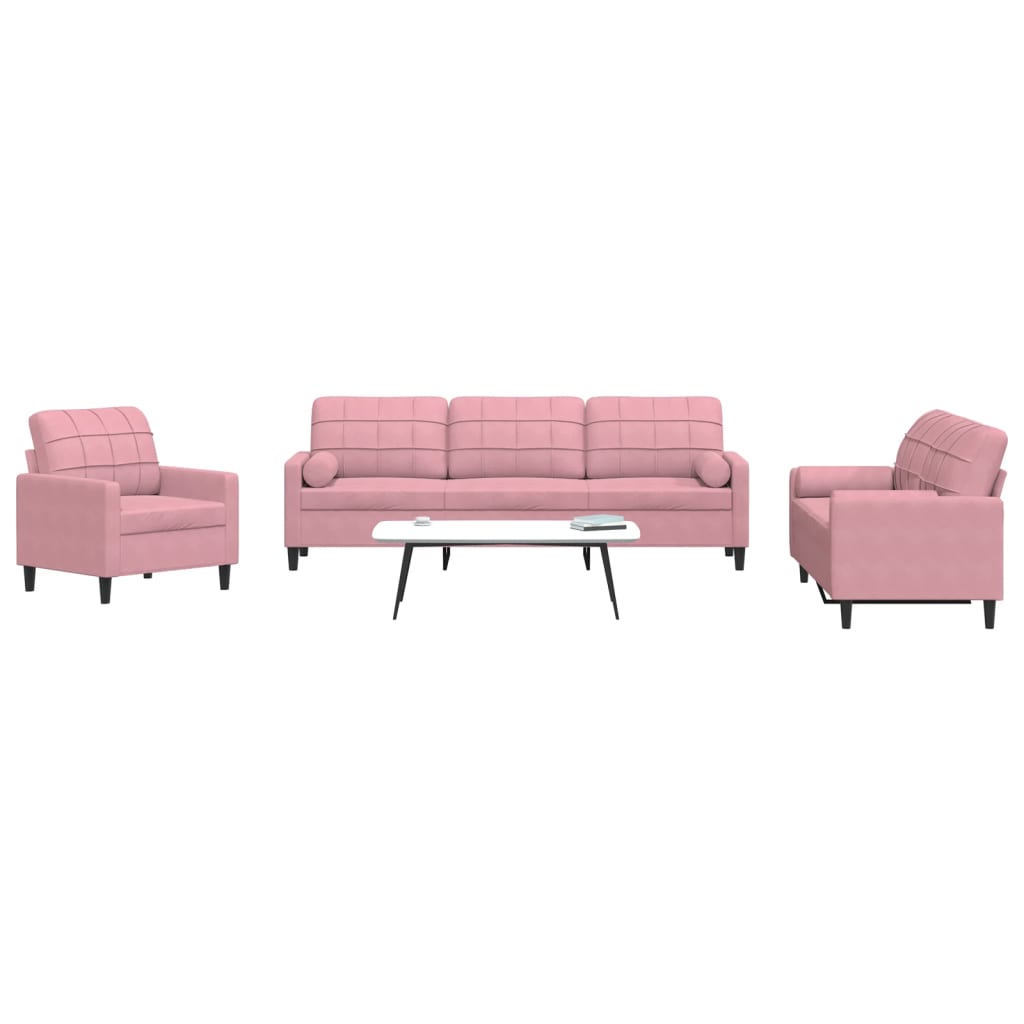 Ensemble de canapés 3pcs et coussins et traversins rose velours
