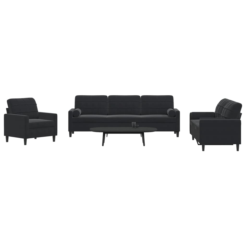 Ensemble de canapés 3pcs et coussins et traversins noir velours