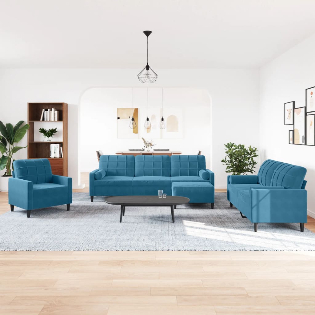 Ensemble de canapés 4pcs et coussins et traversins bleu velours