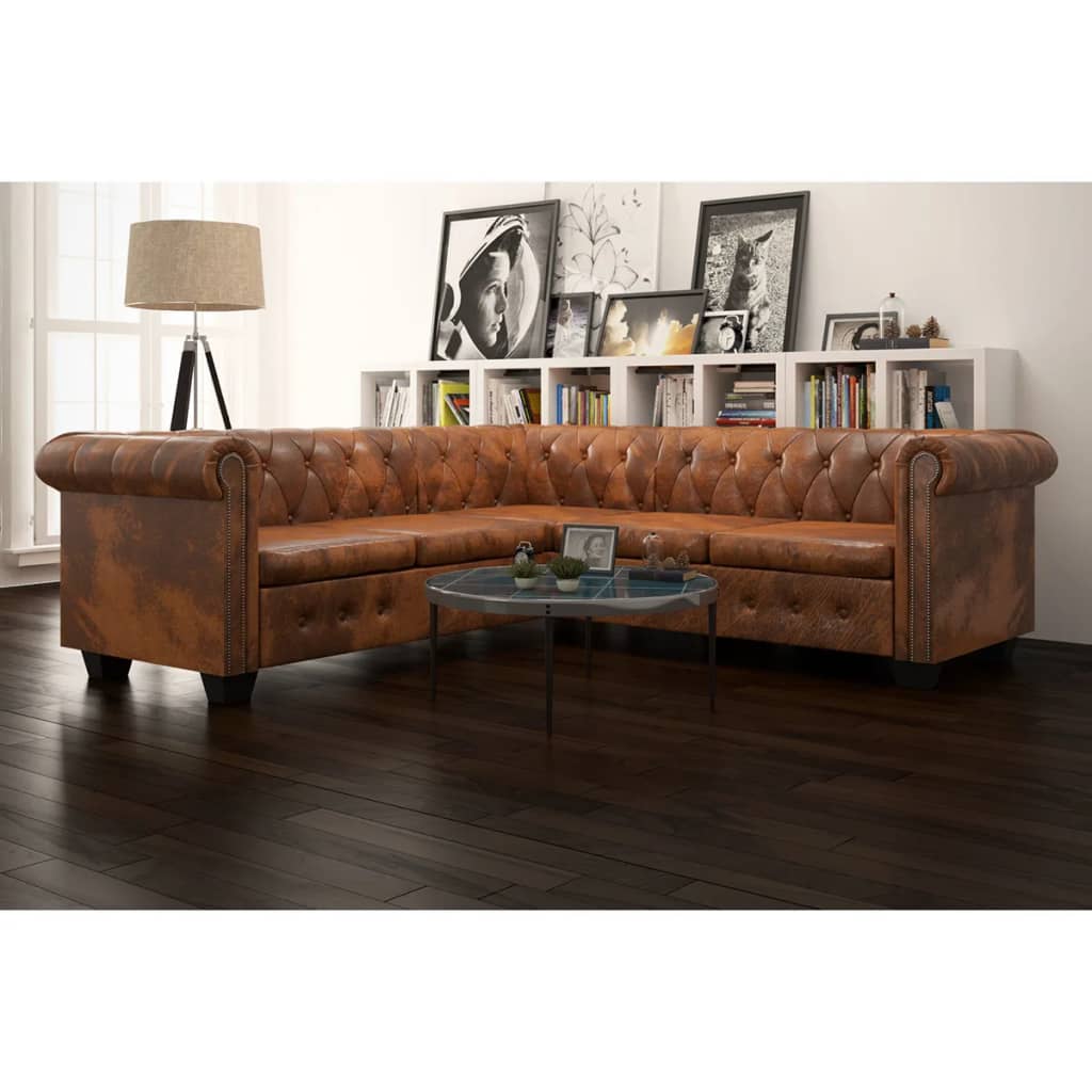 Canapé d'angle Chesterfield 5 plcs Cuir artificiel Marron