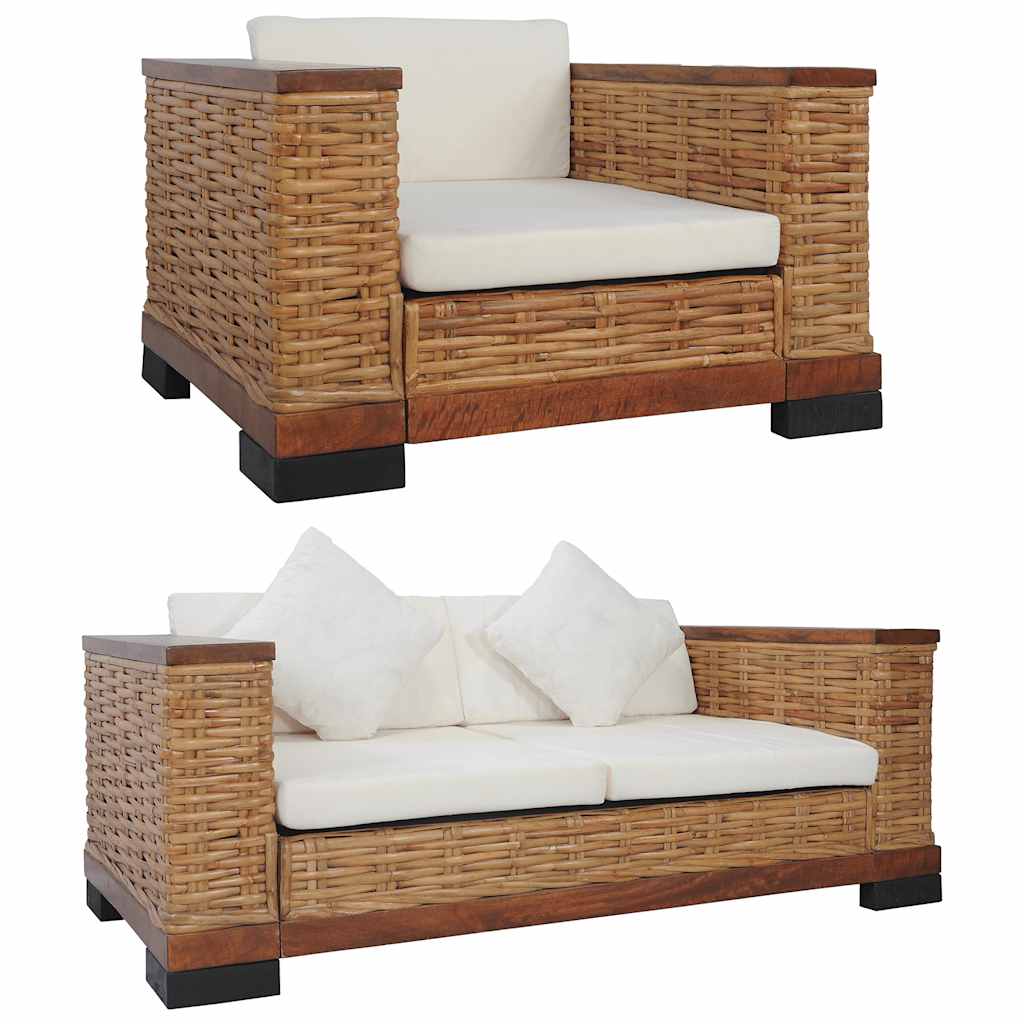 Ensemble de canapés 3 pcs avec coussins Marron Rotin naturel