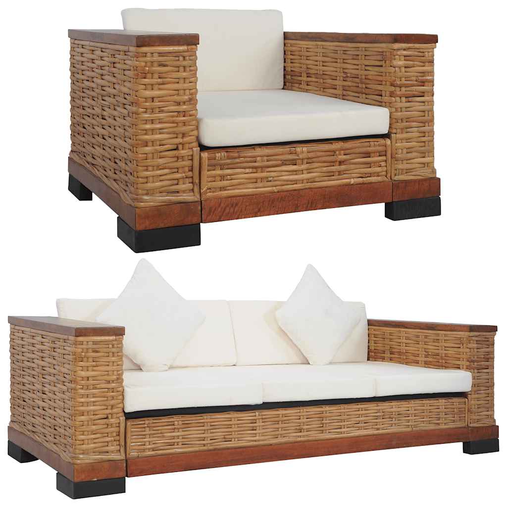 Ensemble de canapés 2 pcs avec coussins Marron Rotin naturel