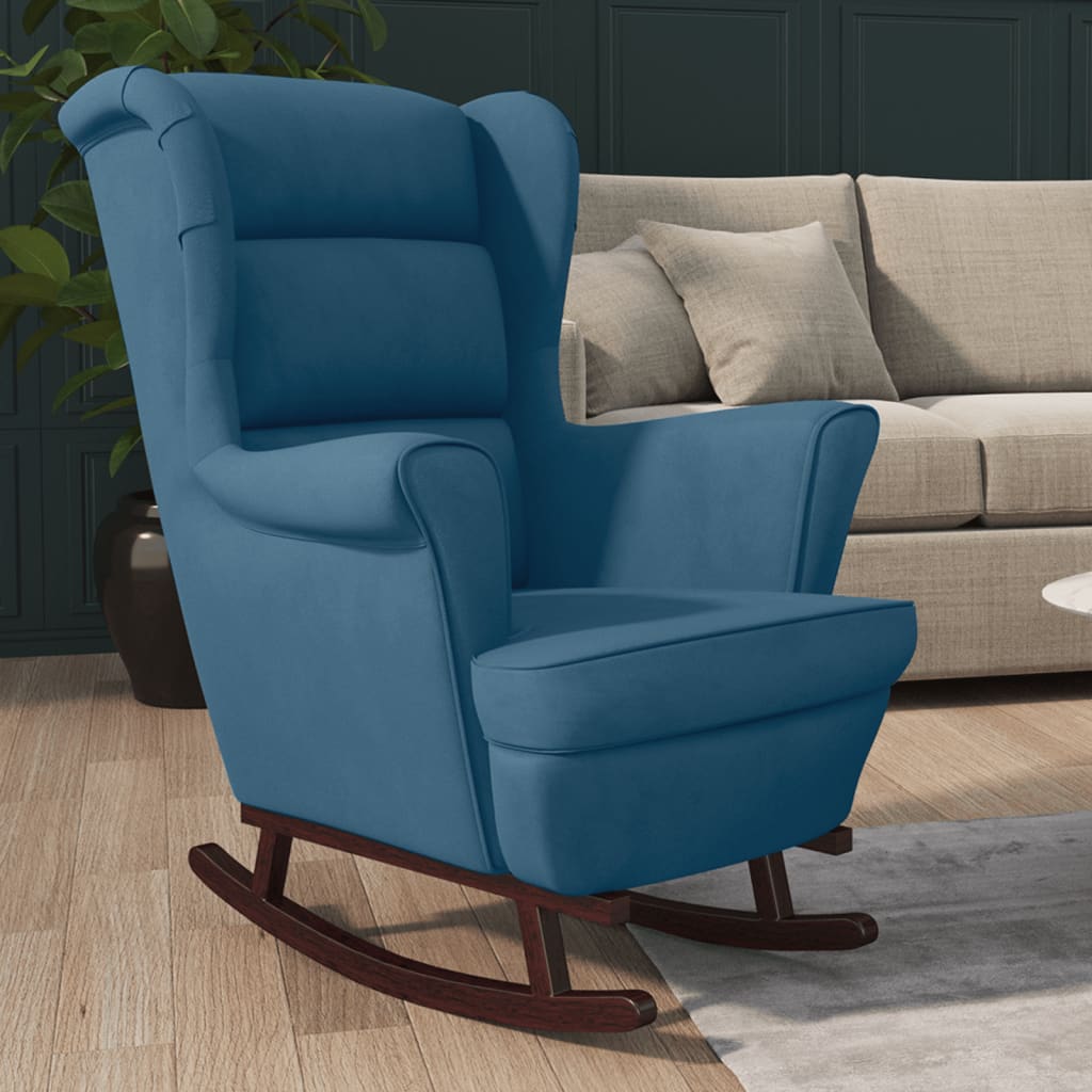 Fauteuil à bascule à oreilles en velours bleu bois massif