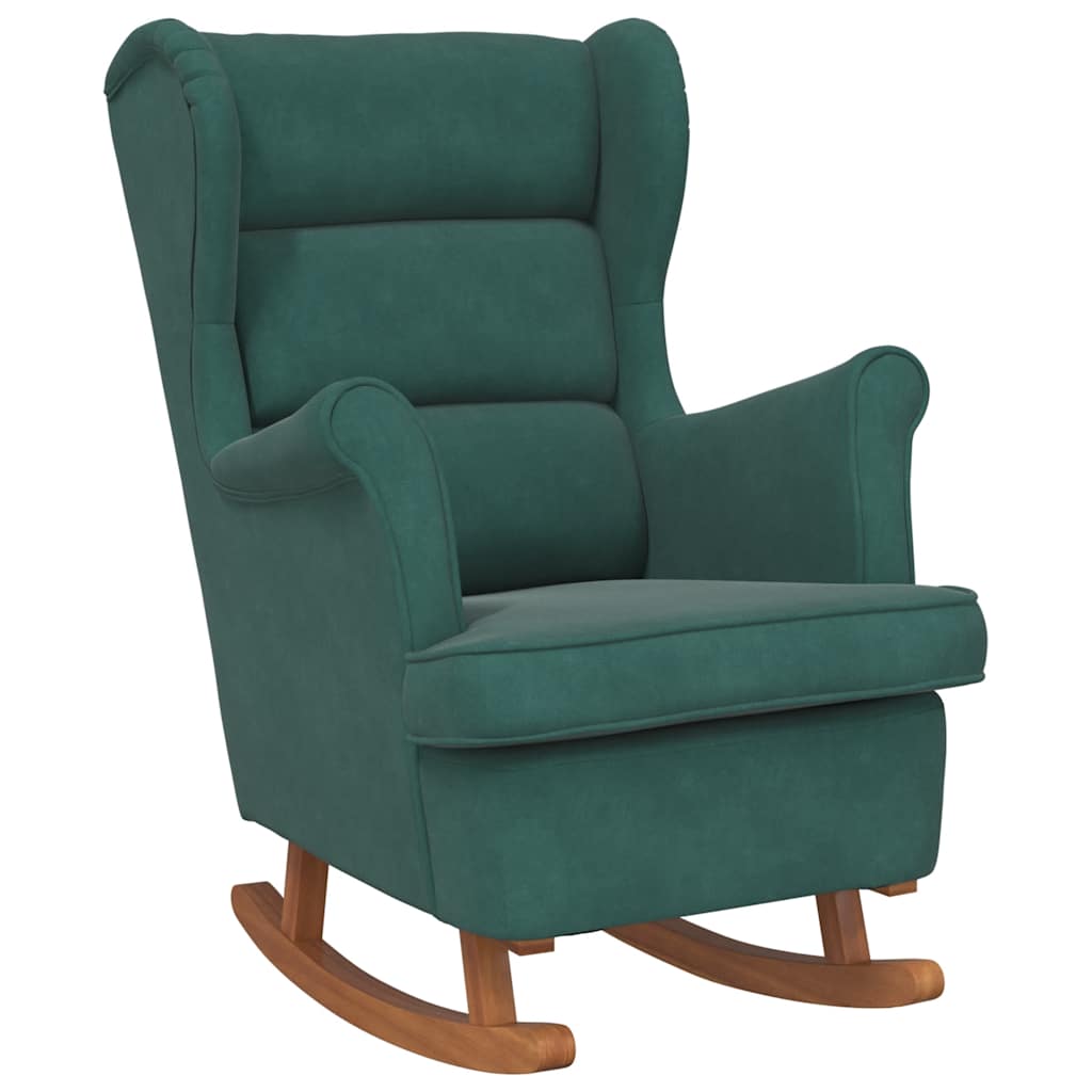 Fauteuil à bascule à oreilles en velours vert foncé bois massif
