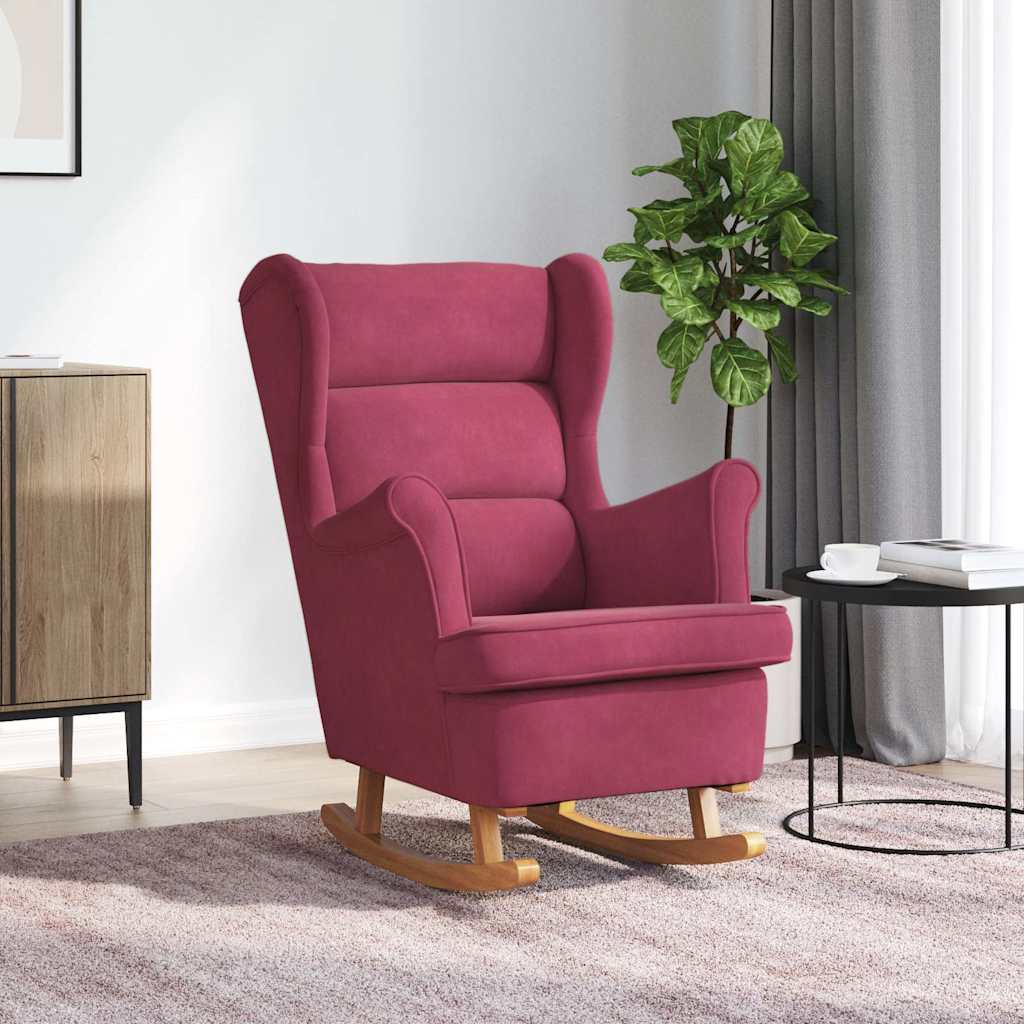 Fauteuil à bascule à oreilles en velours rouge vin bois massif