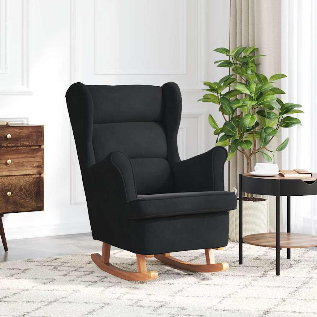 Fauteuil à bascule à oreilles en velours noir bois massif