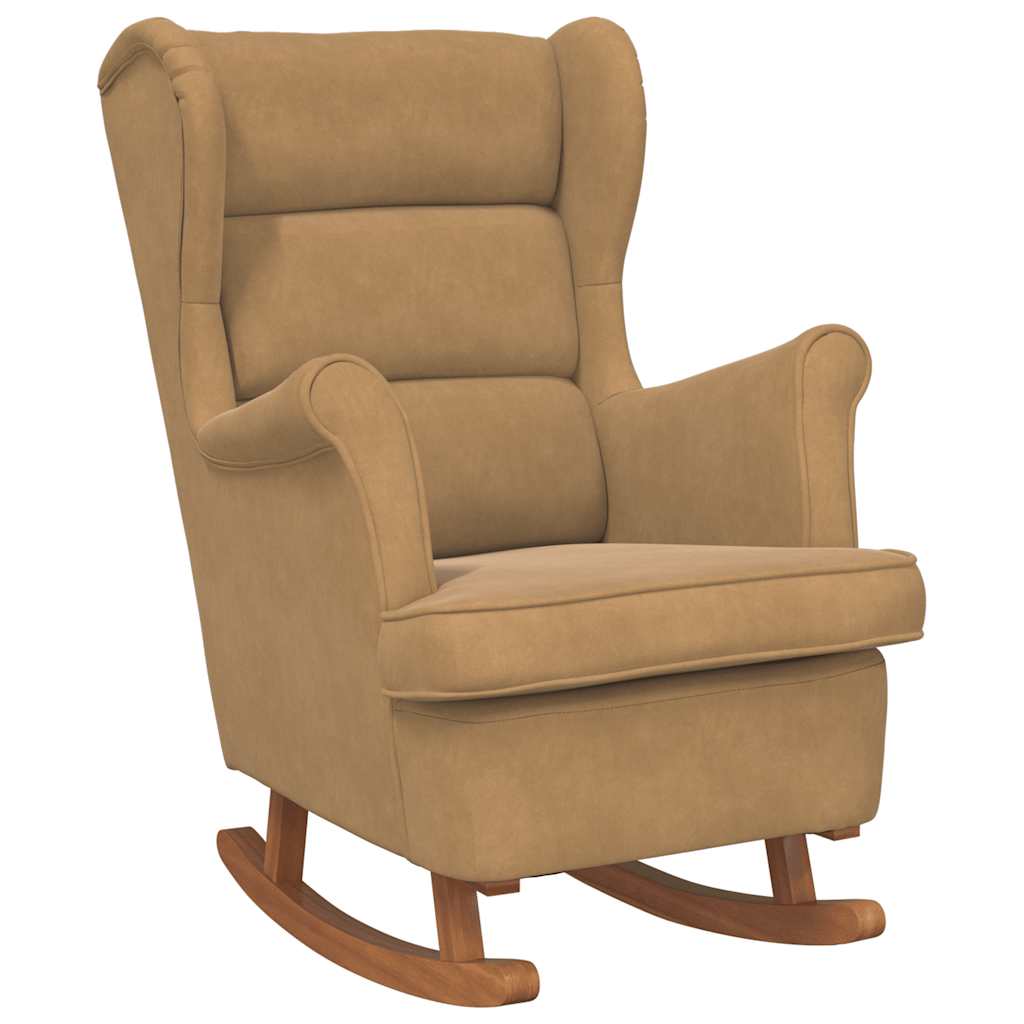Fauteuil à bascule à oreilles en velours marron bois massif