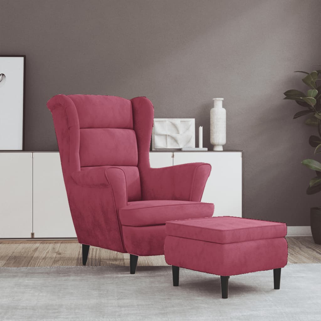 Fauteuil à oreilles avec tabouret bordeaux velours