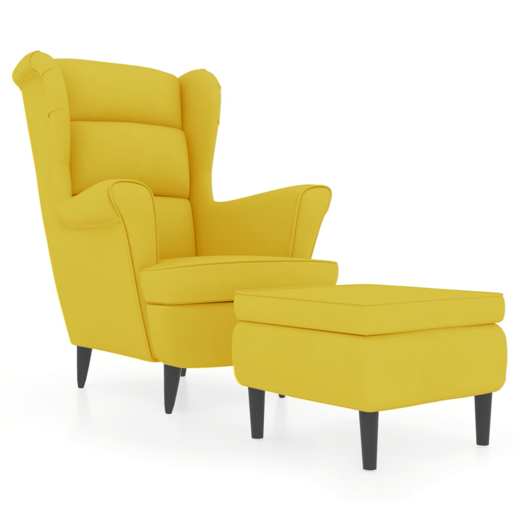 Fauteuil à oreilles avec tabouret jaune moutarde velours