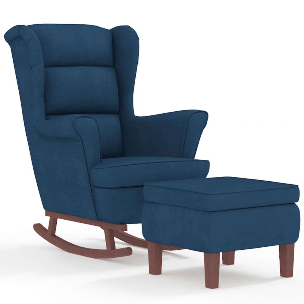 Fauteuil à bascule à oreilles en velours bleu bois massif