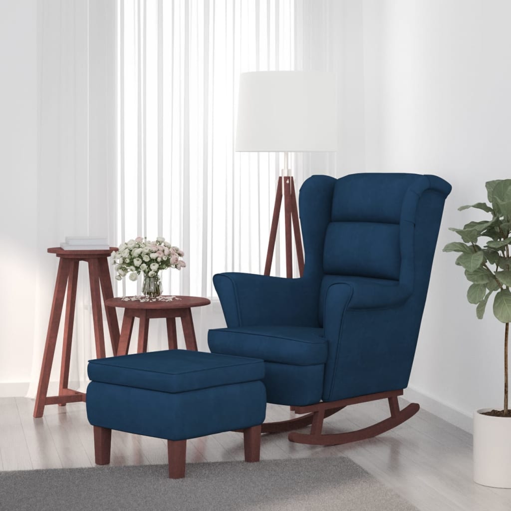 Fauteuil à bascule à oreilles en velours bleu bois massif