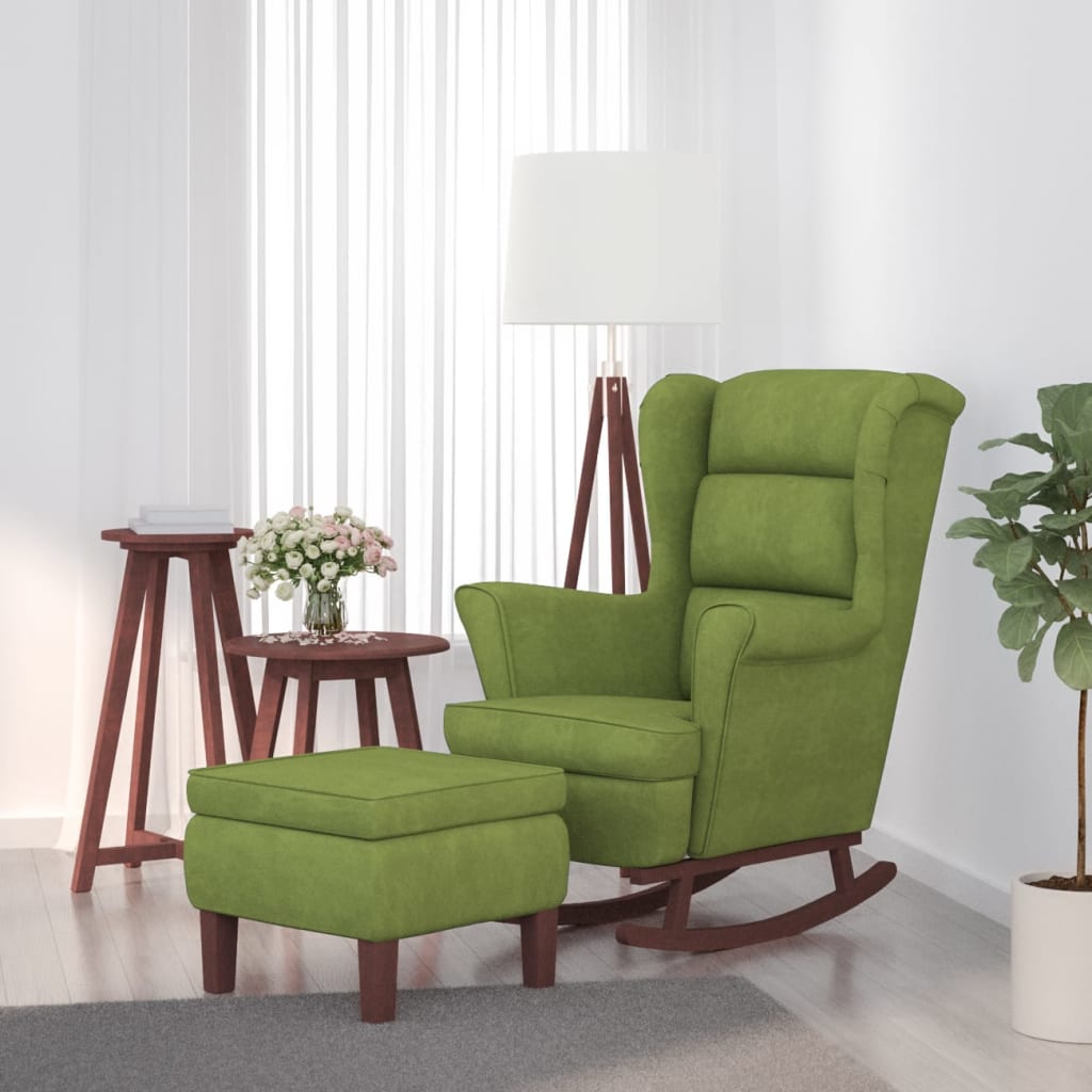 Fauteuil à bascule à oreilles en velours vert clair bois massif