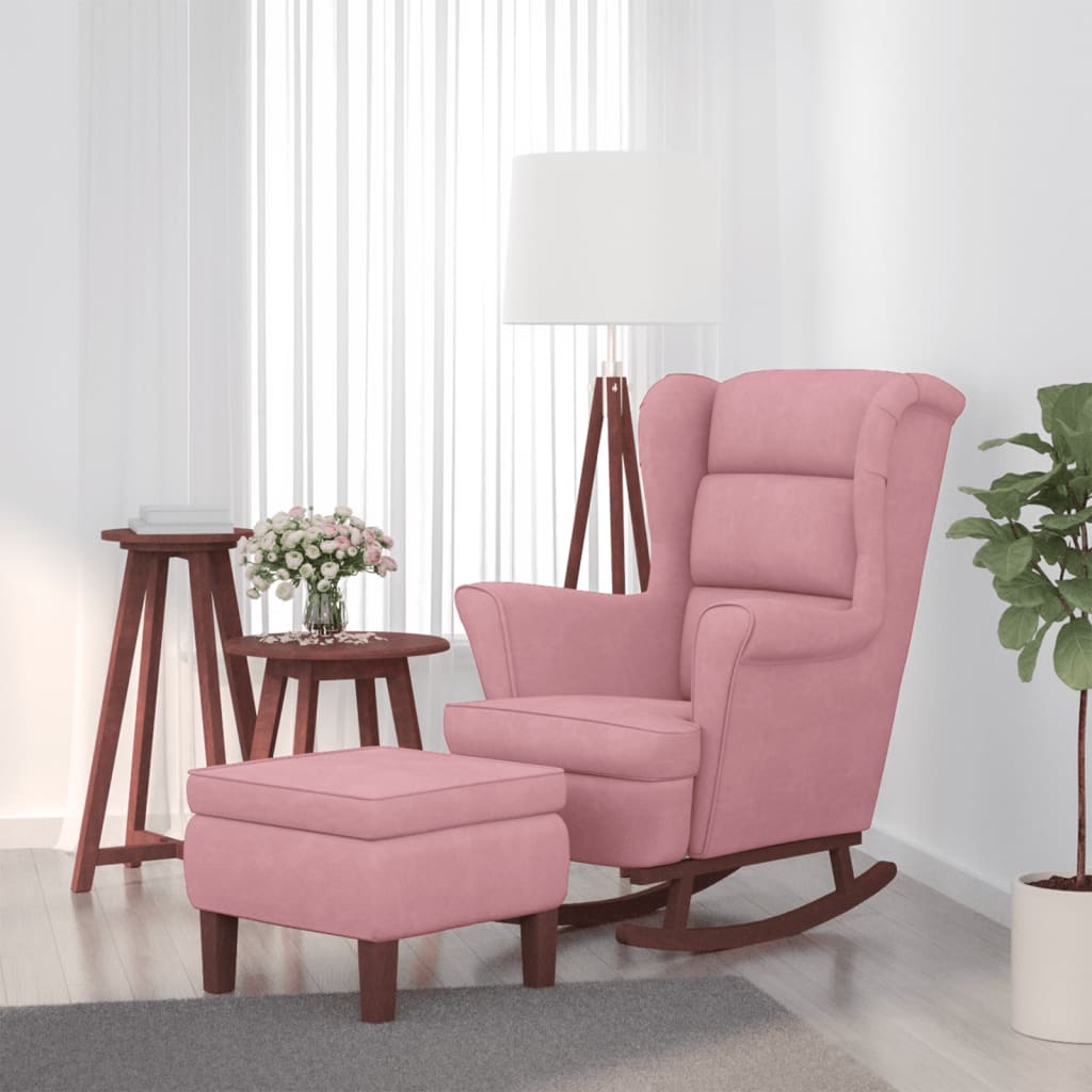 Fauteuil à bascule à oreilles en velours rose bois massif