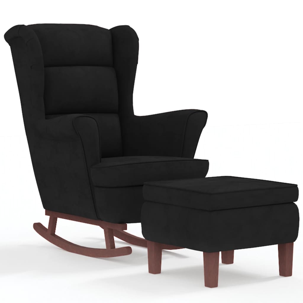 Fauteuil à bascule à oreilles en velours noir bois massif