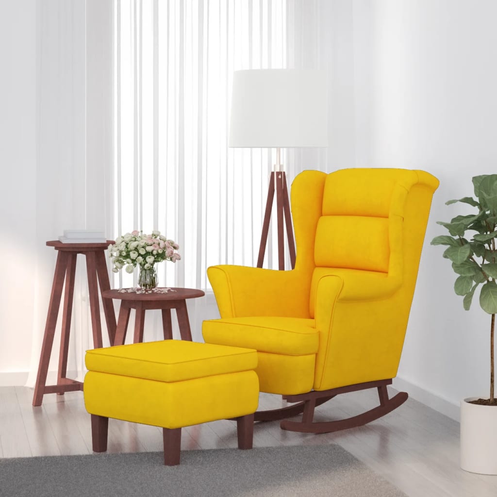 Fauteuil à bascule à oreilles en velours jaune bois massif