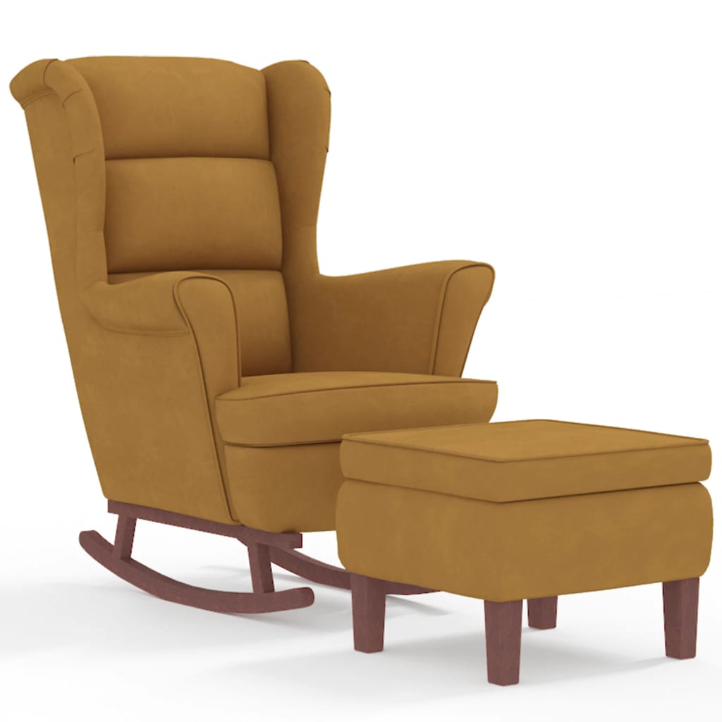 Fauteuil à bascule à oreilles en velours marron bois massif