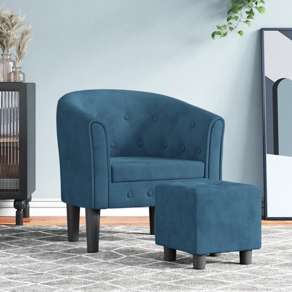 Fauteuil avec repose-pied bleu foncé velours
