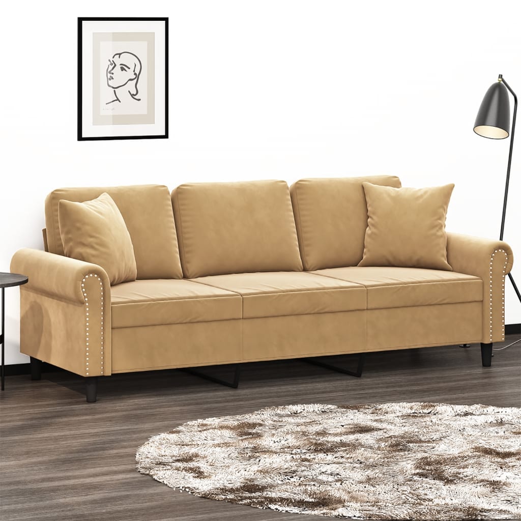 Canapé 3 places avec oreillers décoratifs marron 180 cm velours