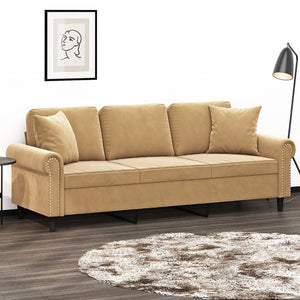 Canapé 3 places avec oreillers décoratifs marron 180 cm velours