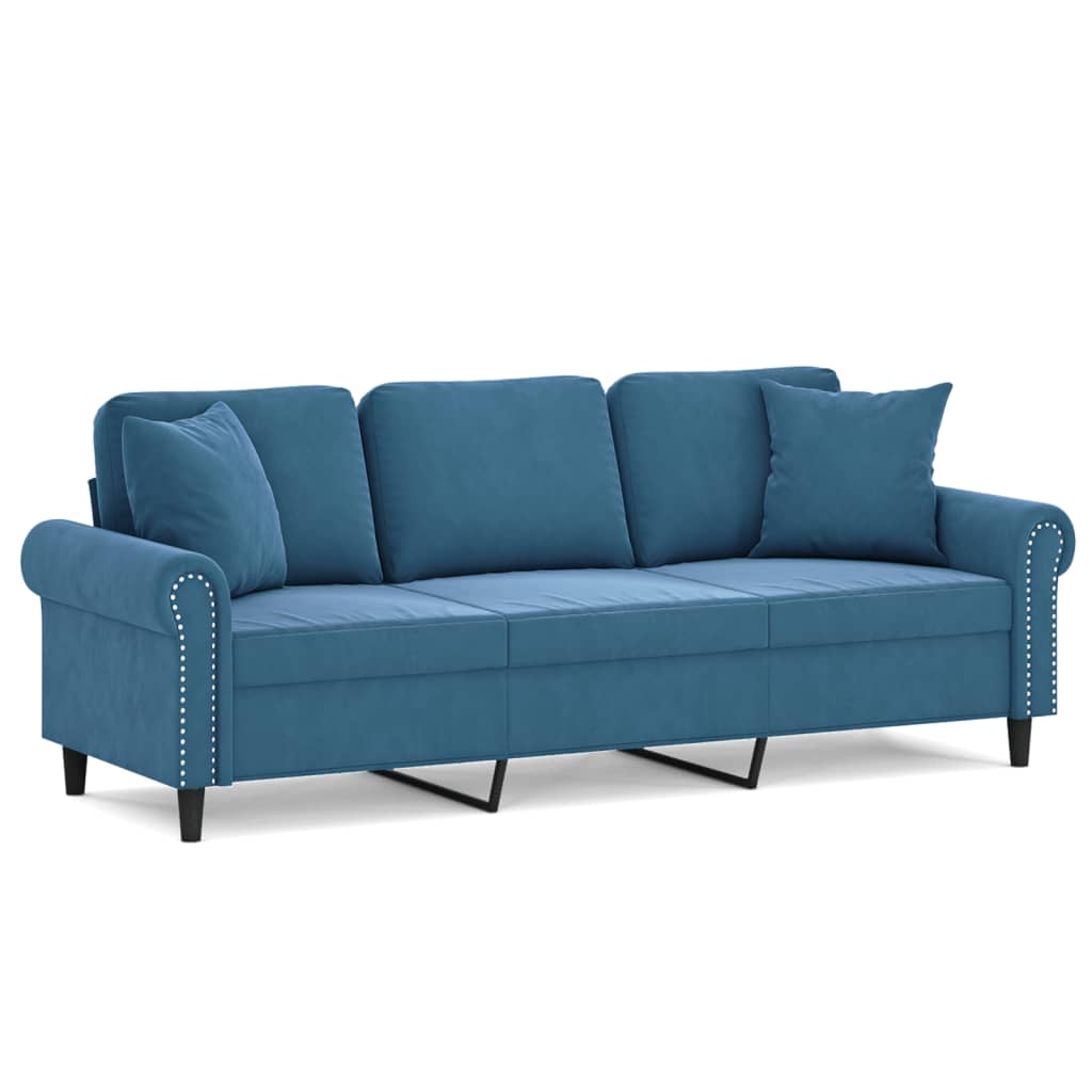 Canapé 3 places avec oreillers décoratifs bleu 180 cm velours