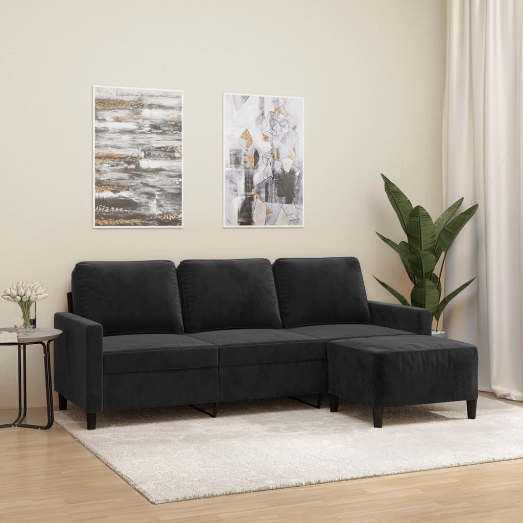 Canapé à 3 places avec repose-pieds Noir 180 cm Velours