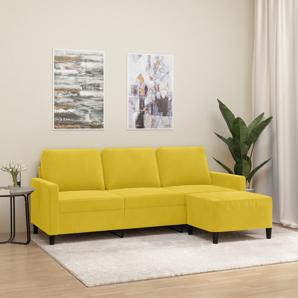 Canapé à 3 places avec repose-pieds jaune 180 cm velours