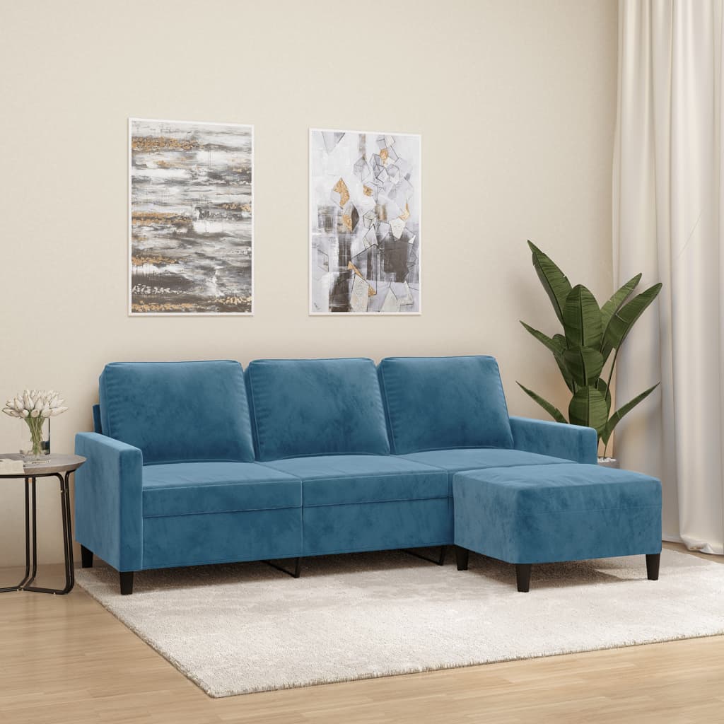 Canapé à 3 places avec repose-pieds Bleu 180 cm Velours