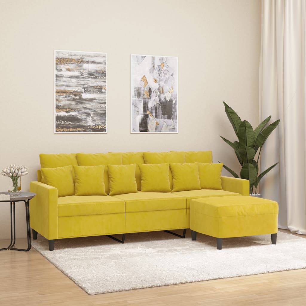 Canapé à 3 places avec repose-pieds jaune 180 cm velours