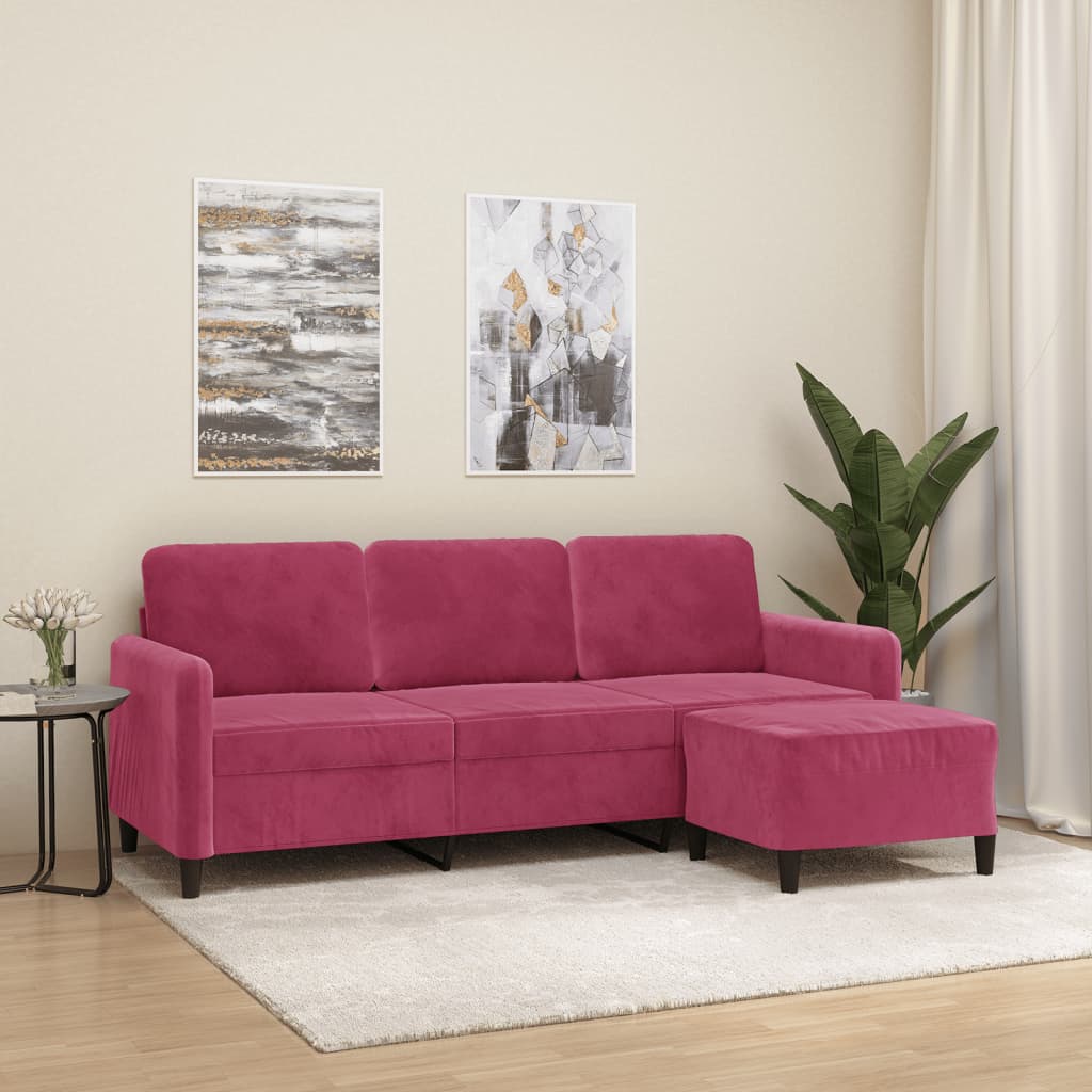 Canapé à 3 places et repose-pieds Rouge bordeaux 180 cm Velours