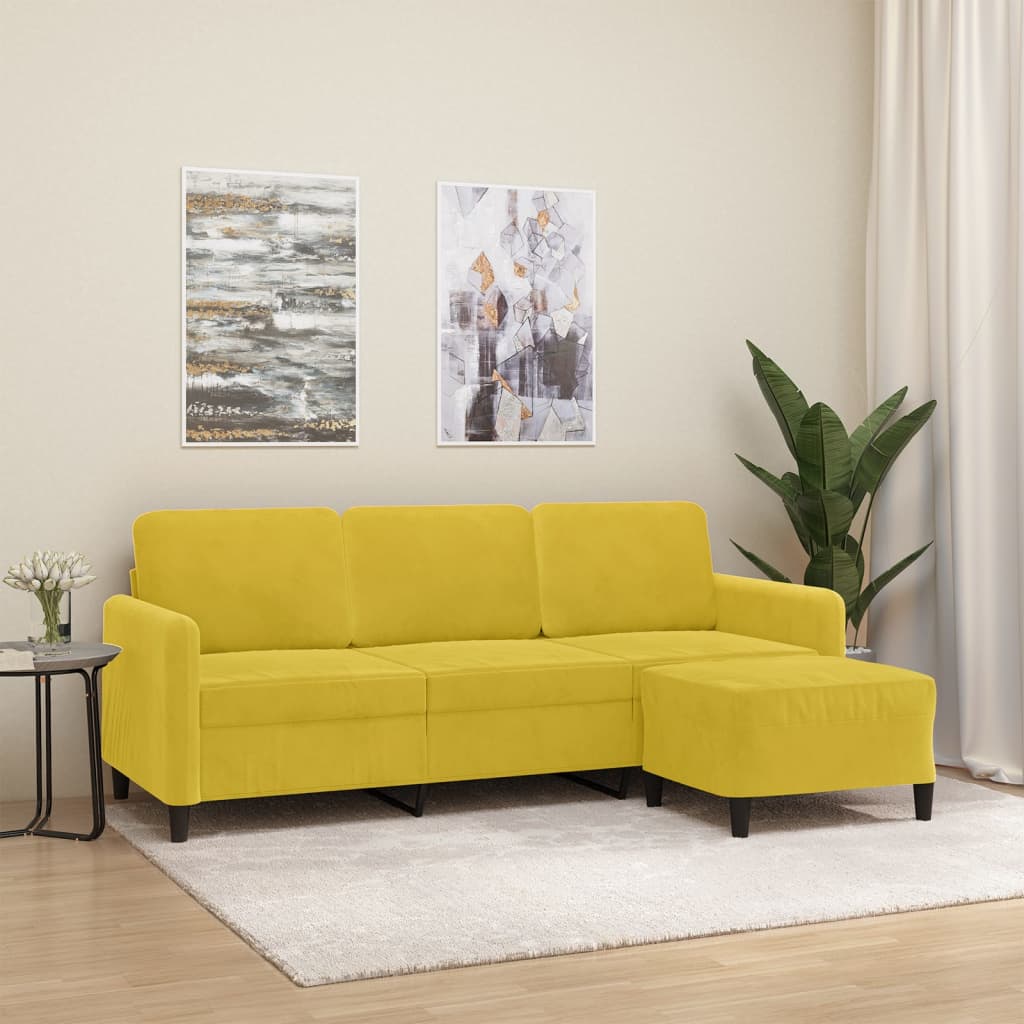 Canapé à 3 places avec repose-pieds jaune 180 cm velours