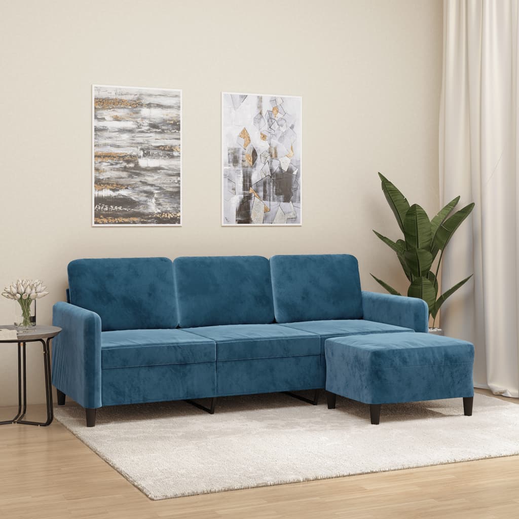 Canapé à 3 places avec repose-pieds Bleu 180 cm Velours