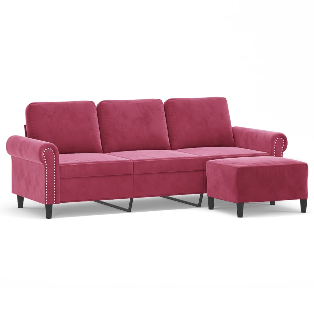 Canapé à 3 places et repose-pieds Rouge bordeaux 180 cm Velours