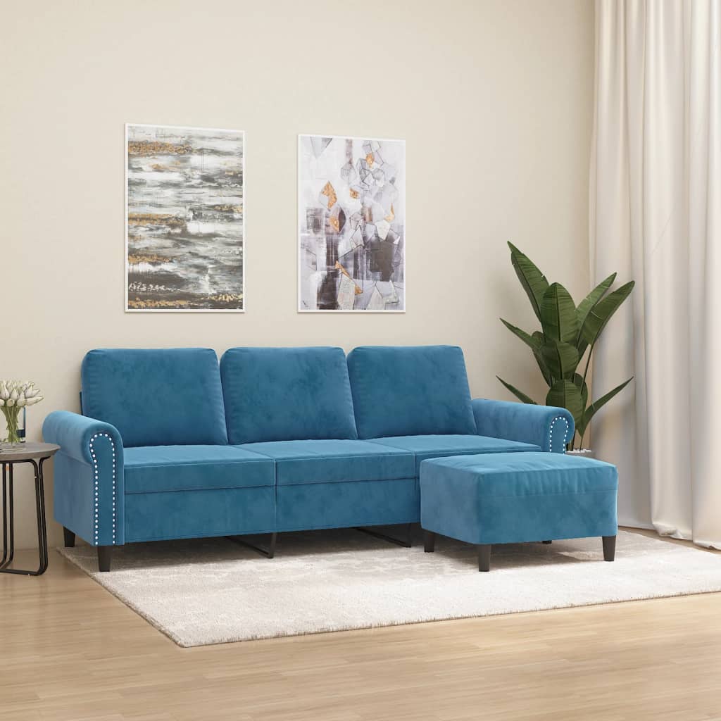 Canapé à 3 places avec repose-pieds Bleu 180 cm Velours