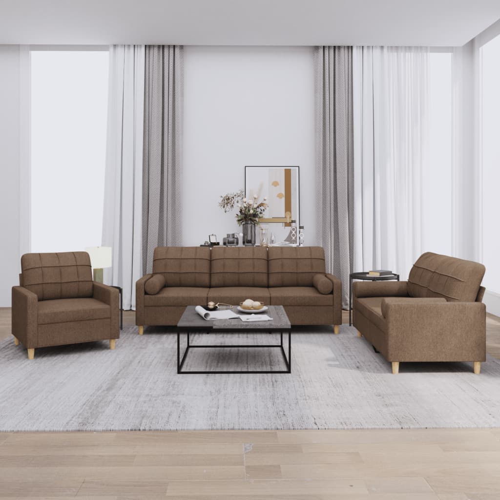 Ensemble de canapés 3 pcs avec coussins marron tissu
