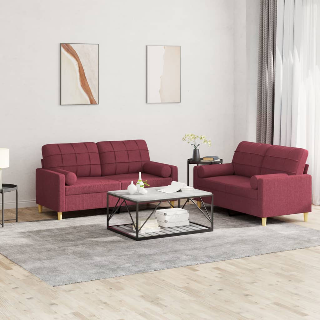 Ensemble de canapés 2 pcs avec coussins rouge bordeaux tissu