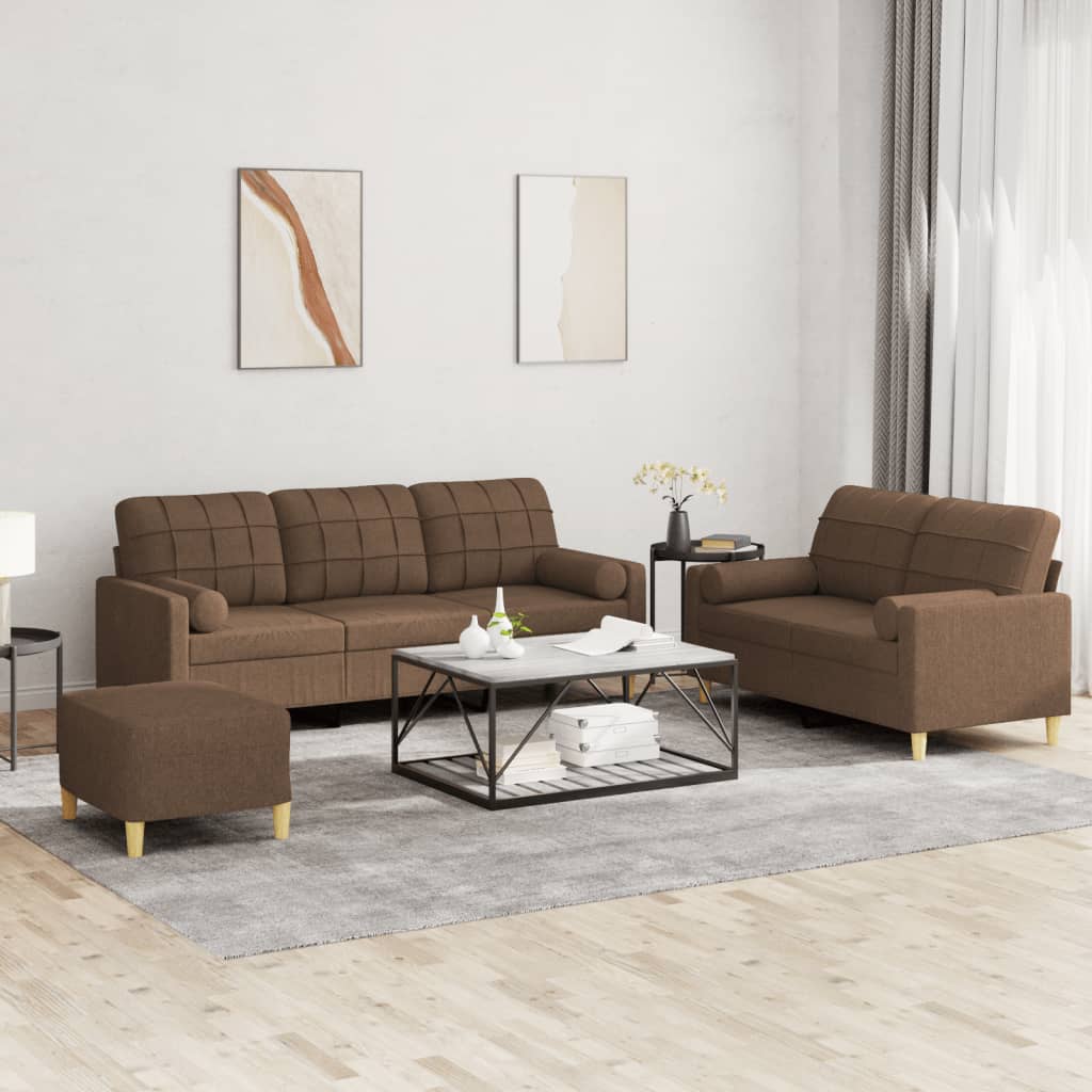 Ensemble de canapés 3 pcs avec coussins marron tissu