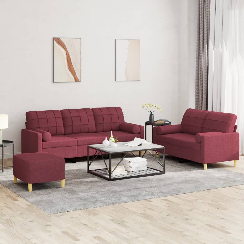 Ensemble de canapés 3 pcs avec coussins rouge bordeaux tissu
