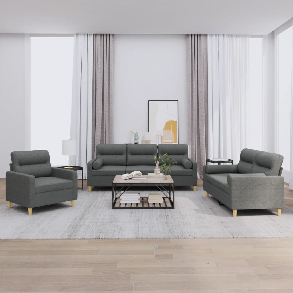 Ensemble de canapés 3 pcs coussins gris foncé tissu