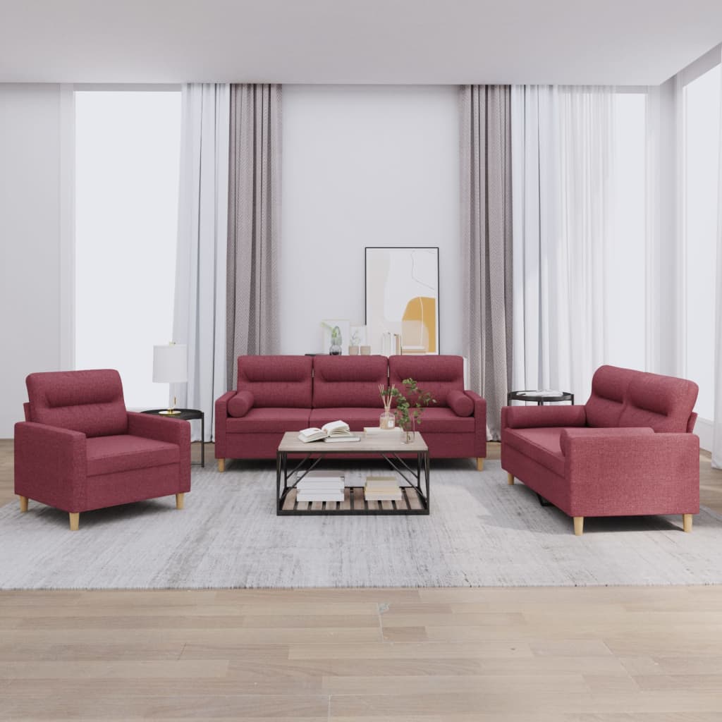 Ensemble de canapés 3 pcs avec coussins rouge bordeaux tissu
