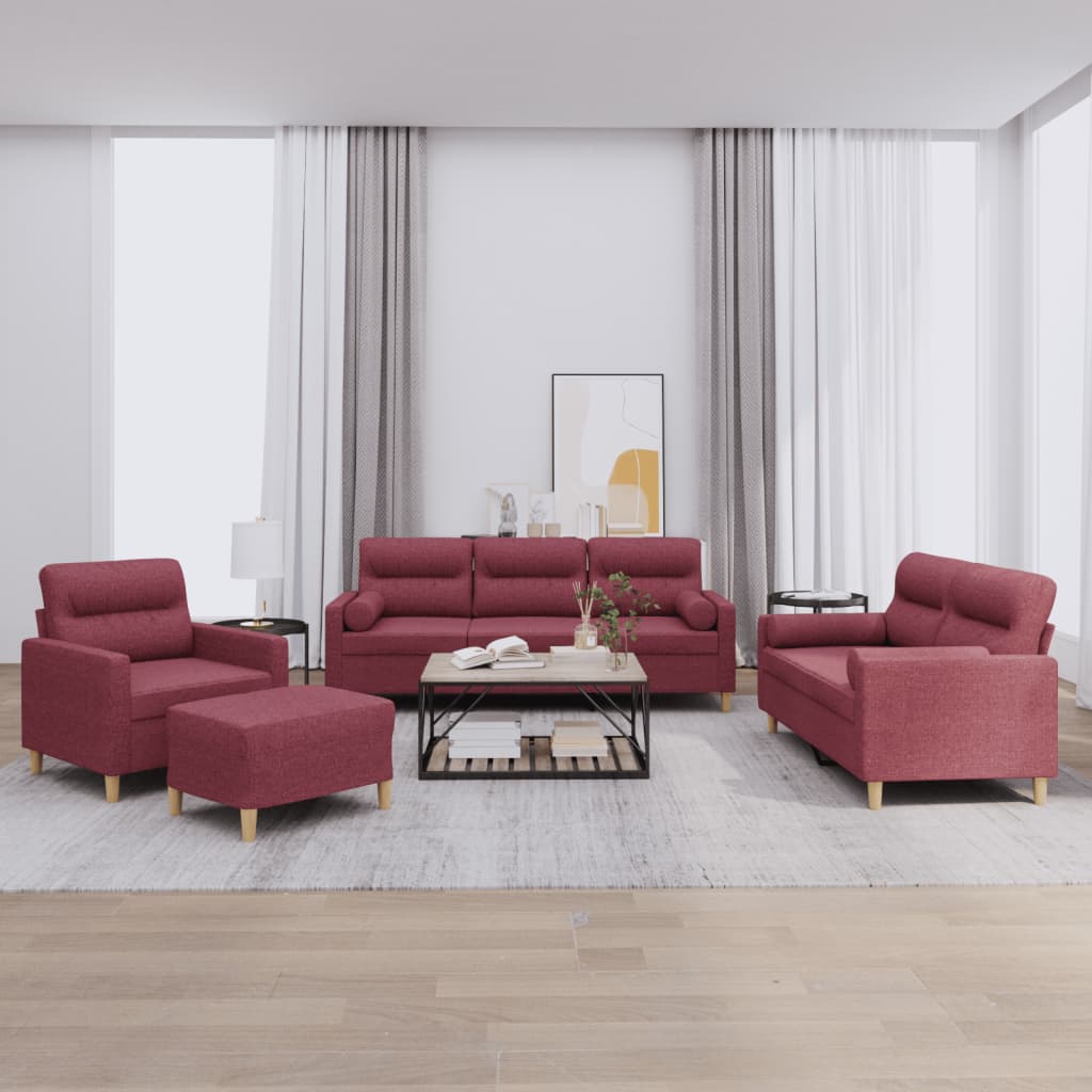 Ensemble de canapés 4 pcs avec coussins rouge bordeaux tissu