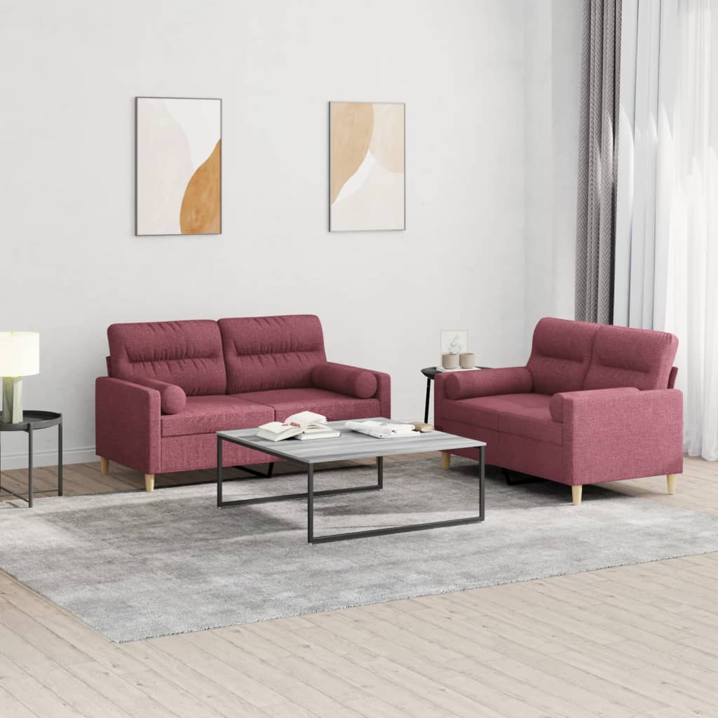 Ensemble de canapés 2 pcs avec coussins rouge bordeaux tissu